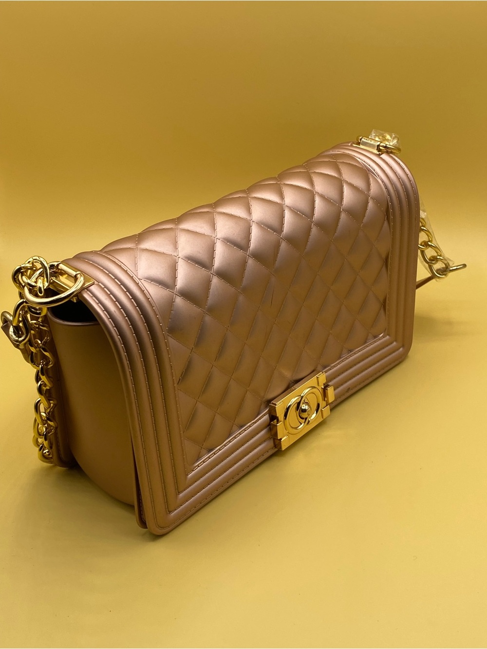 Quilted Metallic Champagne Shoulder Bag with Gold Hardware - Picture 2 of 4